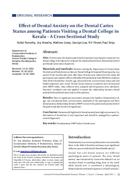 Effect of dental anxiety on the dental caries status among patients visiting a dental college in Kerala-A cross sectional study